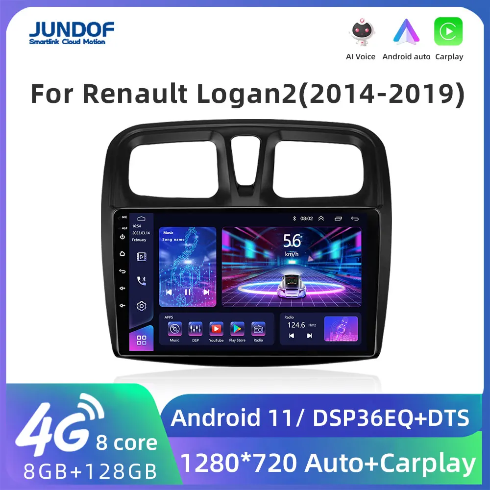 

JUNDOF 9" Car Radio Multimedia Video Player For Renault Logan 2 Sandero 2 2014 -2019 Symbol Android 2 Din Auto Carplay GPS DVD