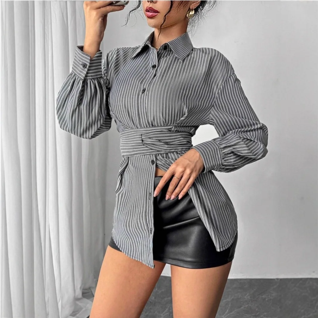Fashionable Striped Long Sleeve Shirt with Asymmetric Belt Slimming Versatile Women's Autumn Clothing Cross-Border Style Basi...