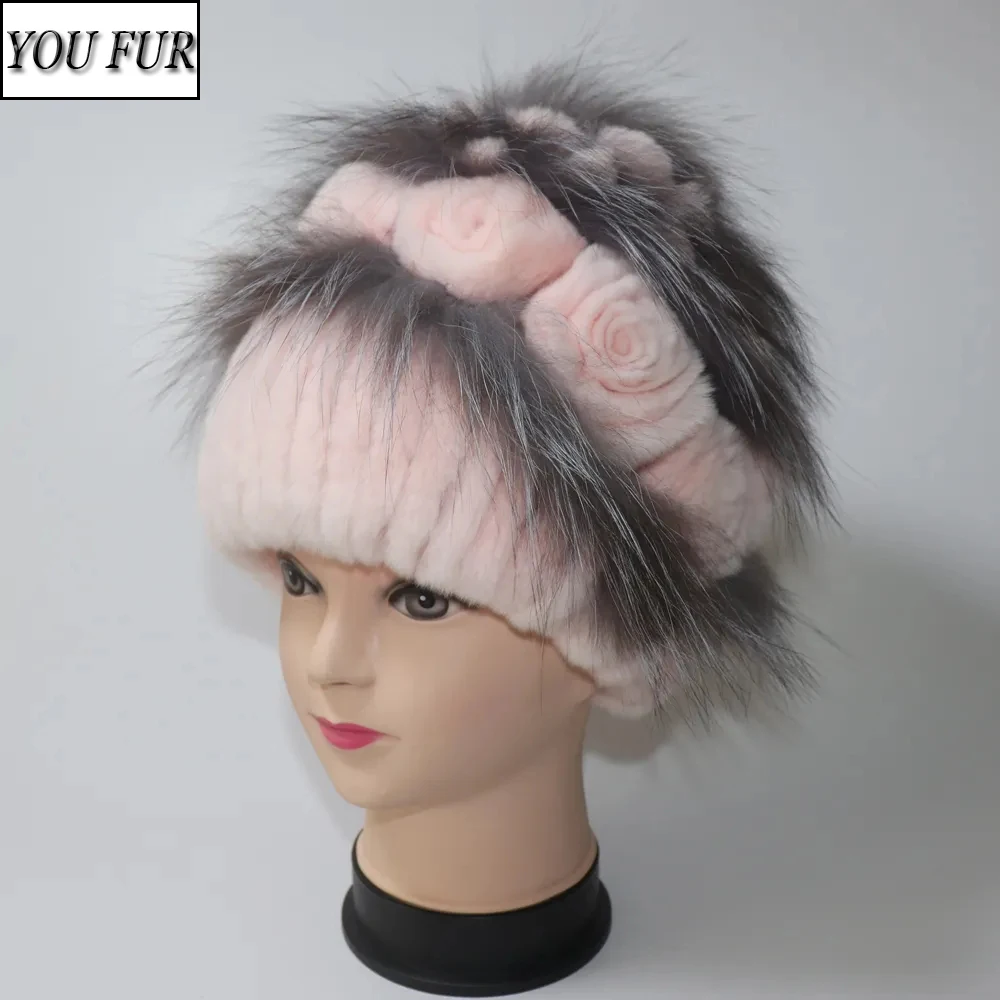 

Winter Hand Knitted Real Rex Rabbit Fur Hat Women Warm Quality Rex Rabbit Fur Hats With Fox Fur Lady Natural Soft Real Fur Caps