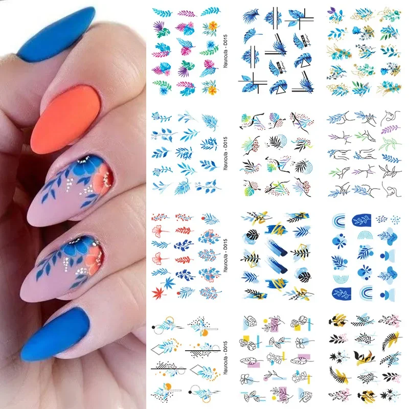 Blue Leaves Love Heart Flowers Water Sliders for Nails - Nail Transfer Stickers Set