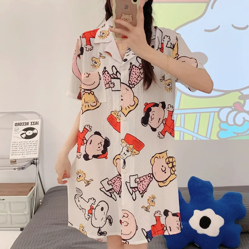 2024 Snoopy Nightgowns for Women Summer Long Shirt Sleepwear Cute Girls Pajamas Thin Home Costumes Pjs Casual T-shirt Gifts