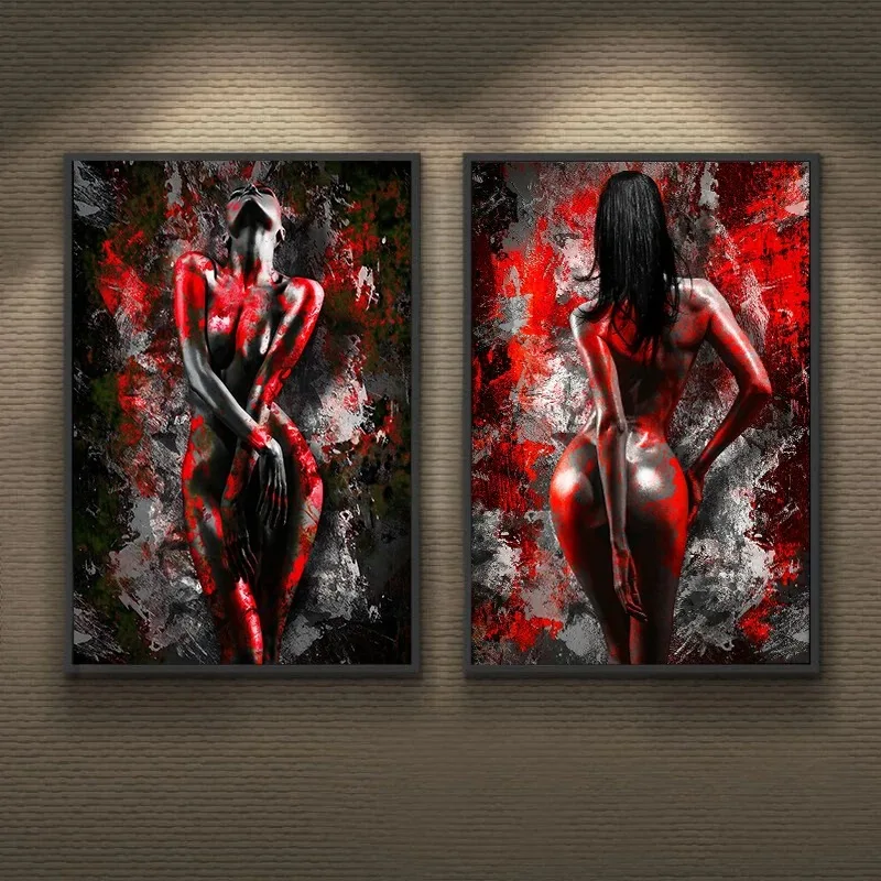 Abstract Black Red Sexy Nude Woman Canvas Painting Poster Print Wall Art Pictures For Modern Woman Room Decoration Gift Unframed