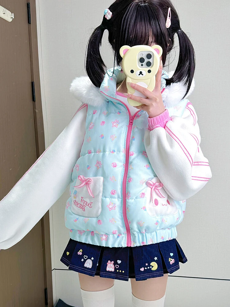 Original Japanese Soft Girls Kawaii Rabbit Ears Parkas Daughters Winter Cute Printed Bow Warm Thickened Hooded Jacket Coats