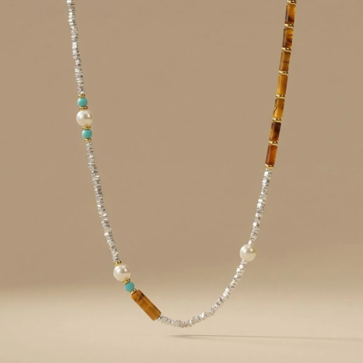 New Chinese niche creative shiny broken silver tiger's eye stone pearl handmade beaded retro personality temperament necklace wo