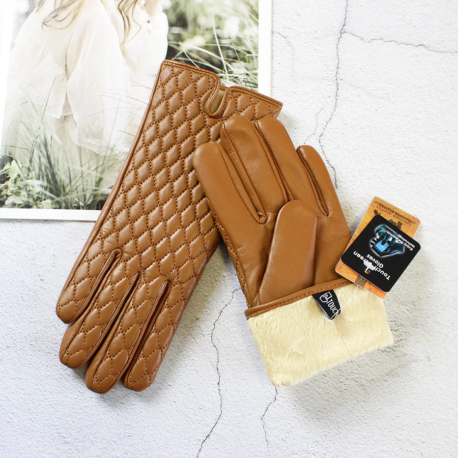 Guantes de piel de oveja con pantalla táctil para mujer, guantes cálidos de cuero de Color, estilo bordado a la moda, forro de Cachemira, Otoño e