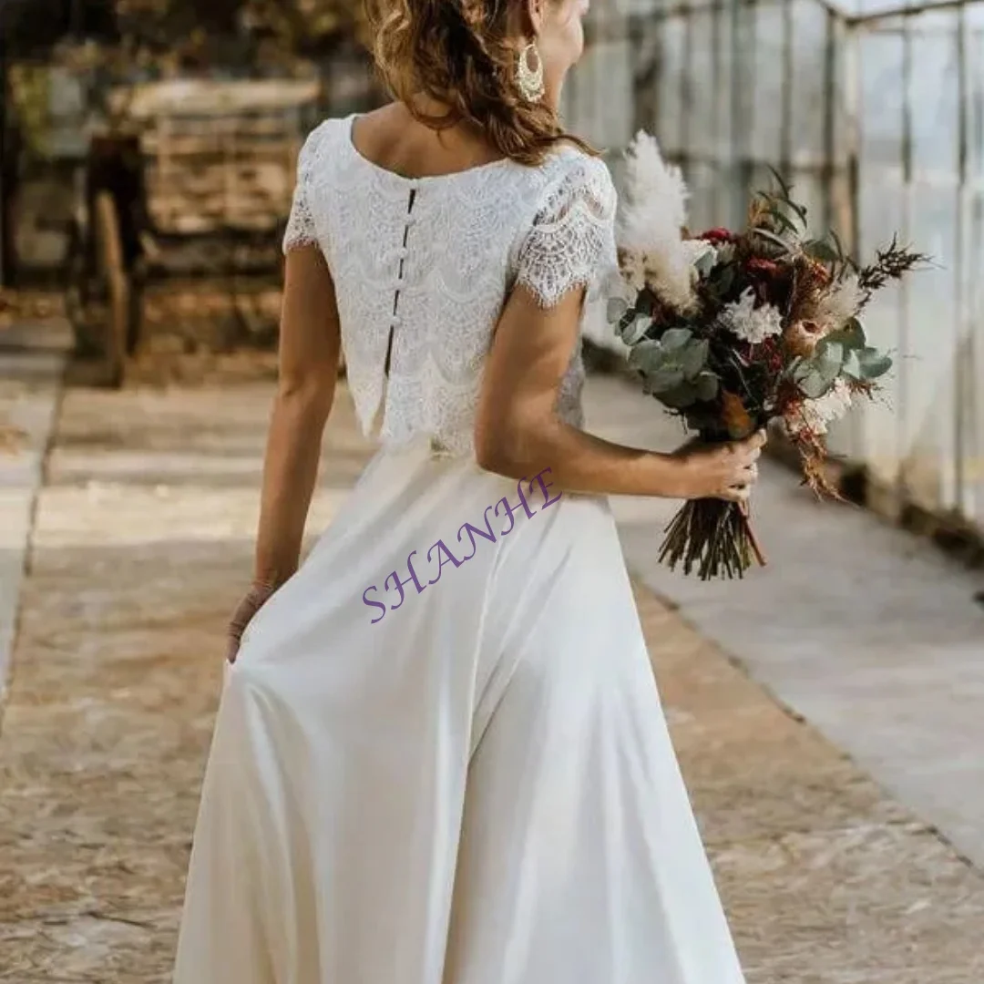 

Customized Bohemian Wedding Dresses Two Pieces Lace Top with Sleeve Bridal Gown Jewel Neck Beach Wedding Gown Vestidos De Novia