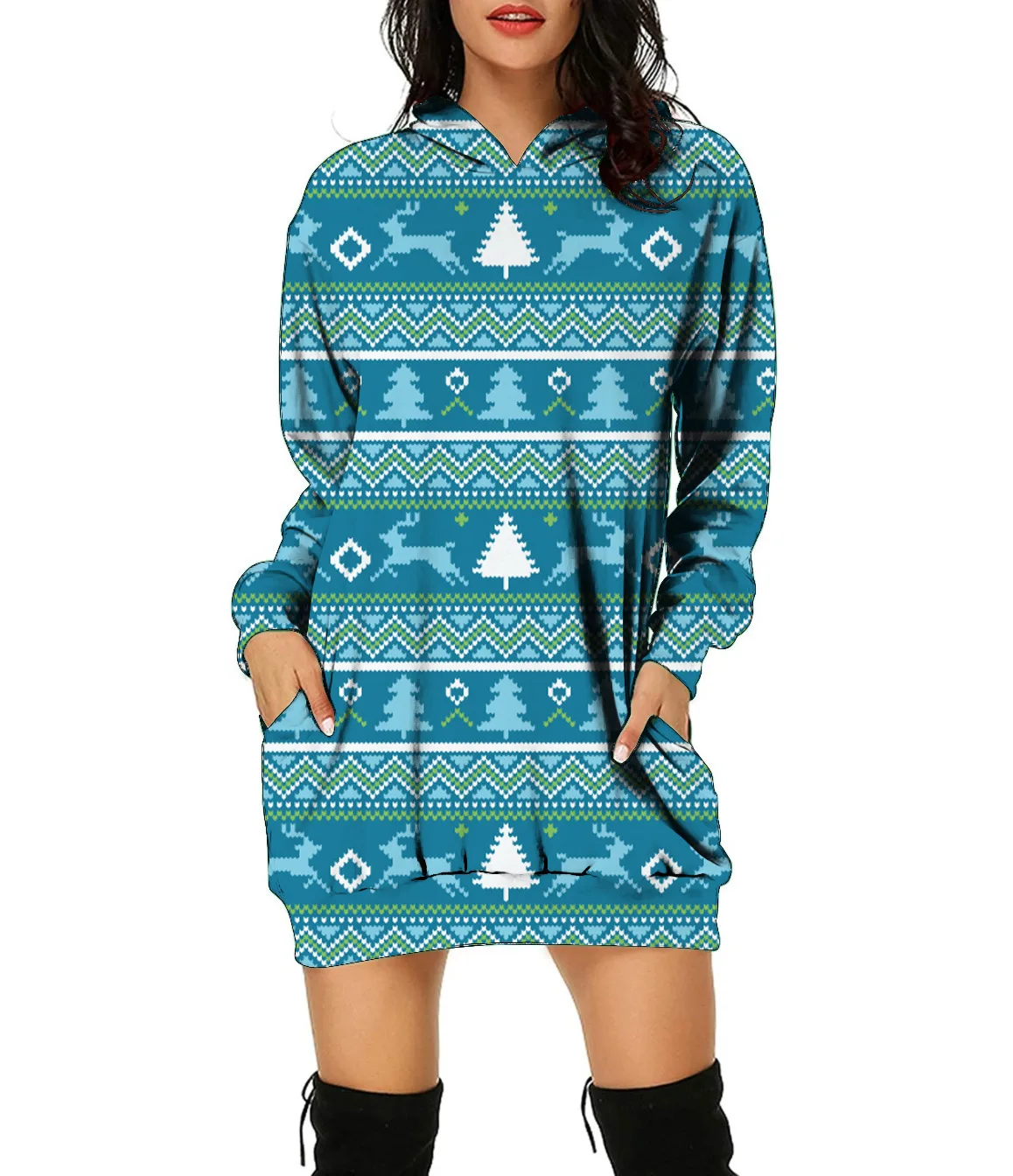 Christmas Pattern 3D Print  Tree Elk Autumn Winter Women's Mid length Hooded Dress hoodies