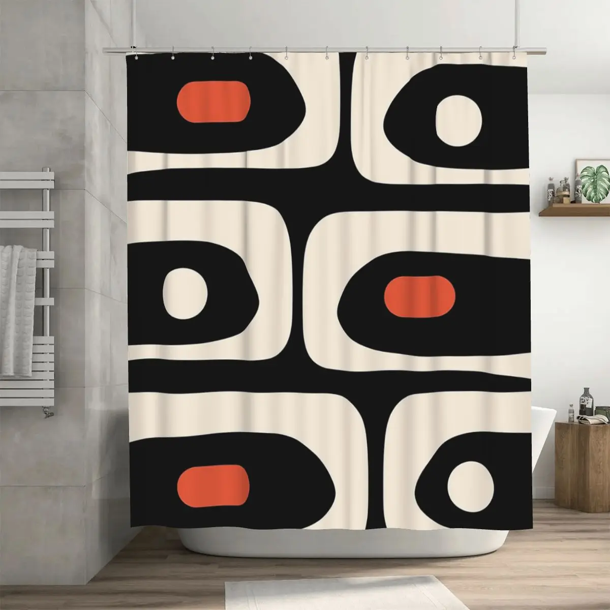 Mid Century Modern Piquet Abstract Pattern Black, Orange, And Almond Cream Shower Curtain Bathroom Bath Curtains with Hooks