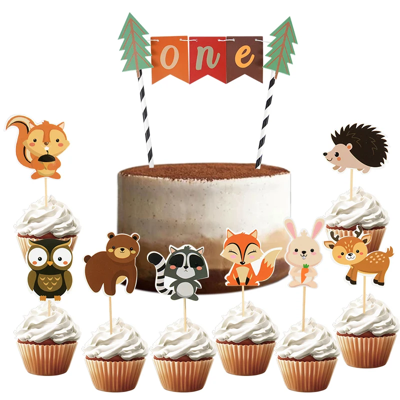 

Forest Party Safari Animals Cake Toppers Cartoon Fox Squirrel Cupcake Toppers Picks Kids Favors Birthday Baby Shower Party Decor