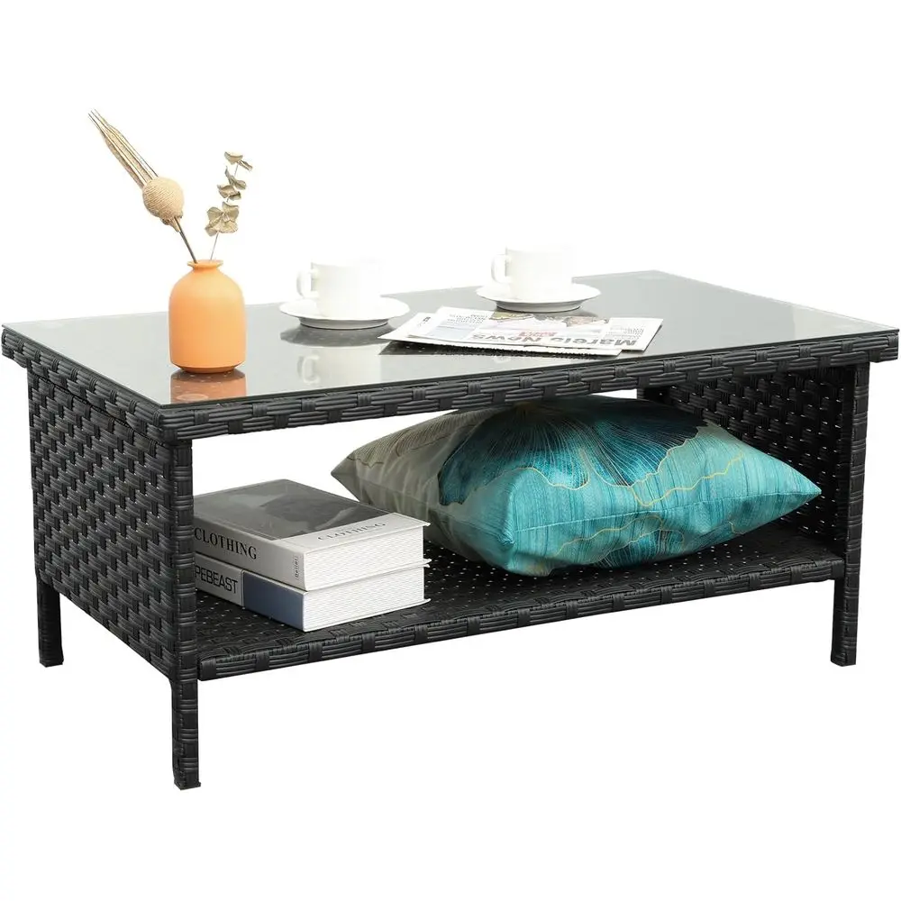 

Black 2-Layer Outdoor Wicker Patio Coffee Table with Glass Top and Storage, Including Furniture Cover