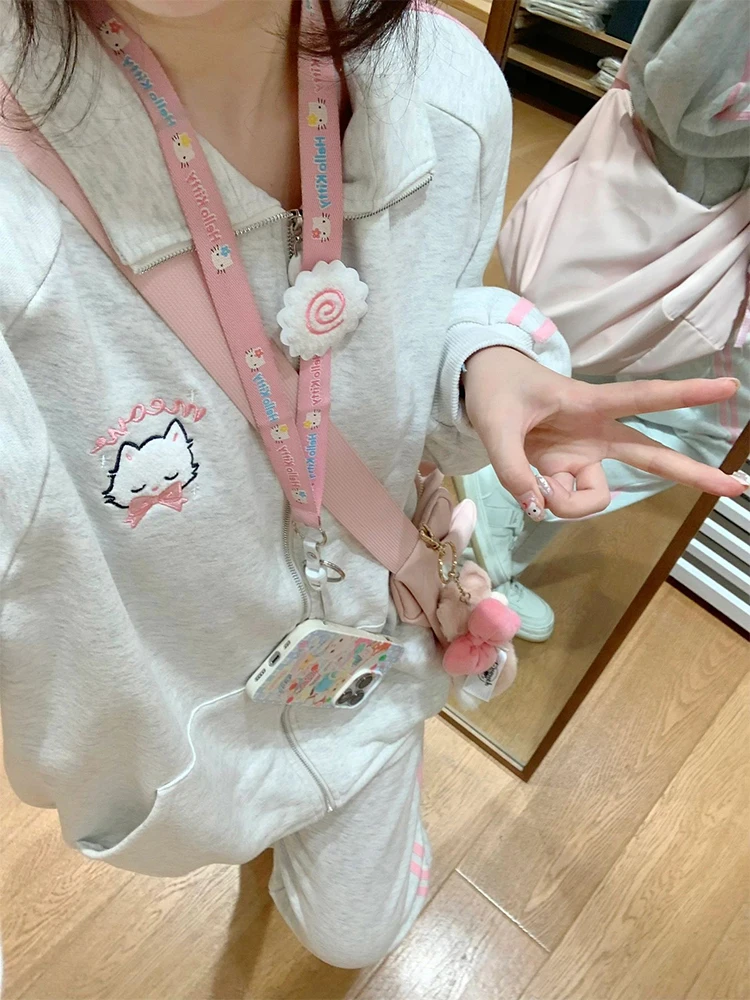 Harajuku Cute Cat Embroidery Hoodie Gray Sports Preppy Students Cartoon Zip Up Sweatshirt Coats Loose Autumn Winter Casual Loose