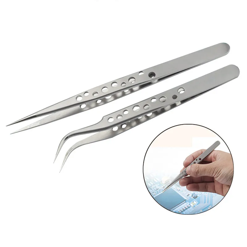 Electronics Industrial Tweezers Anti-static Curved Straight Tip Precision Stainless Forceps Phone Repair Hand Tools Sets