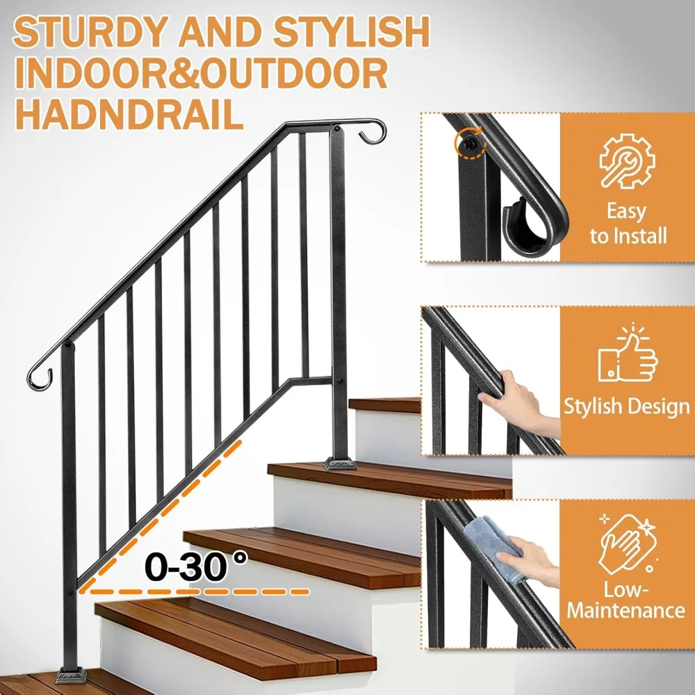 2 Pack 4 Step Handrails for Outdoor Steps, Wrought Iron Stair Railing, Metal Hand Railing with Installation Kit, Staircase Handr