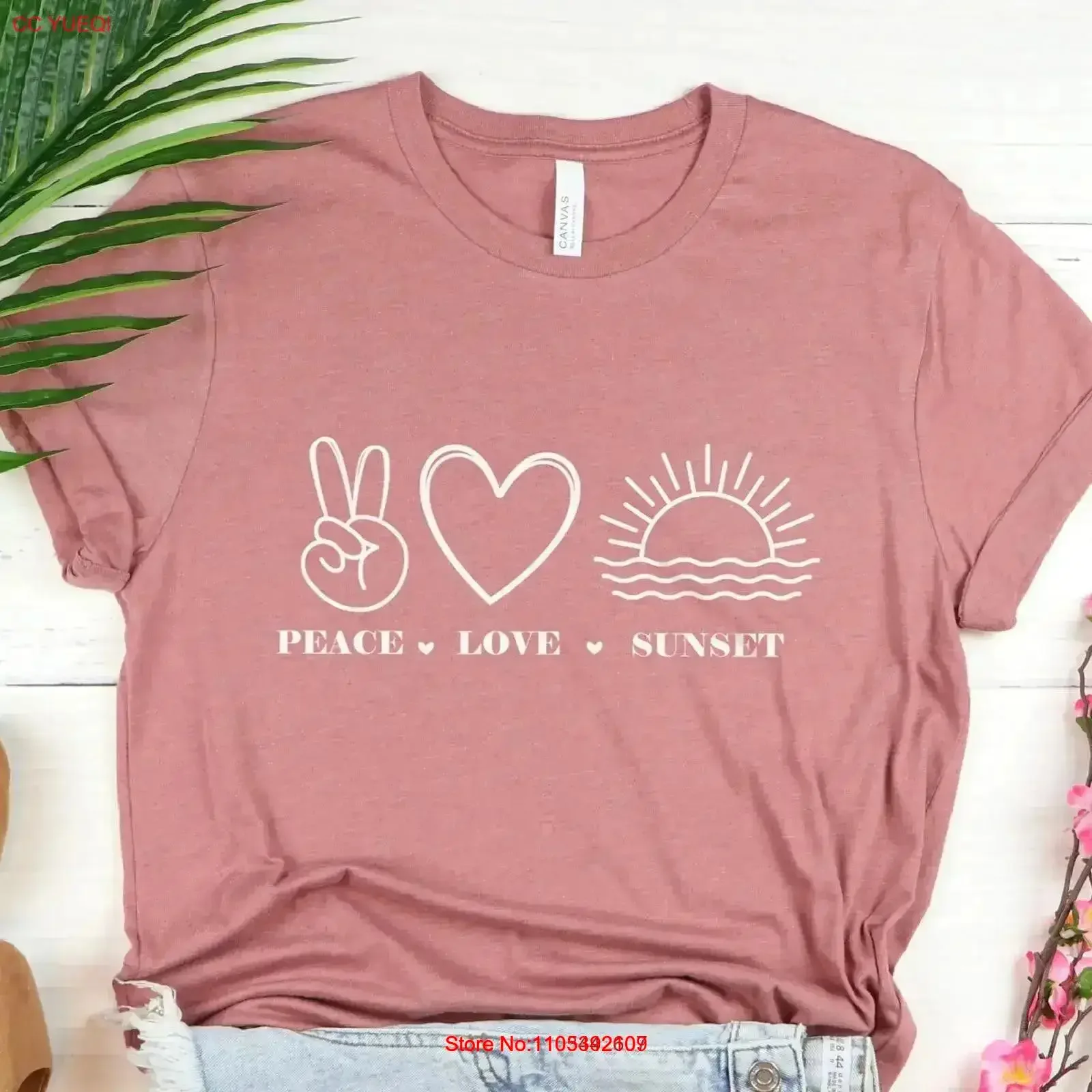 Peace Love Sunset T-Shirt, Boho-Strand-Oberteil mit Rundhalsausschnitt, Vintage-Waschung, Grafikdruck, für den Alltag, leicht dehnbar, Vintage-Waschung