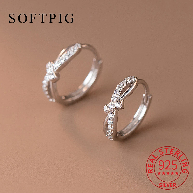 SOFTPIG Real S925 Sterling Silver Zircon Knot Round Huggies Hoop Earrings For Women Fine Jewelry Geometric Accessories