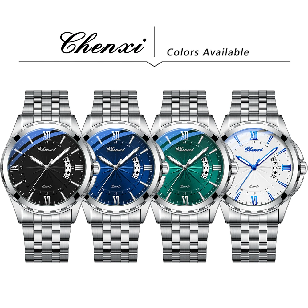 CHENXI Silver Business Man Watch Luminous Round Dial Men's Wristwatch Calendar Display Stainless Steel Band Men Watches