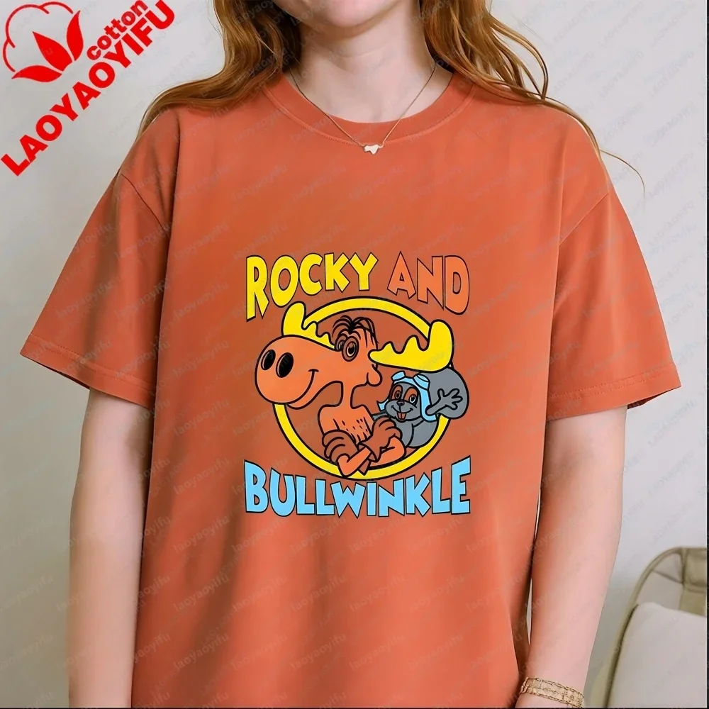 New Rocky and Bullwinkle Unisex Harajuku Short-sleeved Shirt for Both Men and Women. Patterned Pure Cotton T-shirt.
