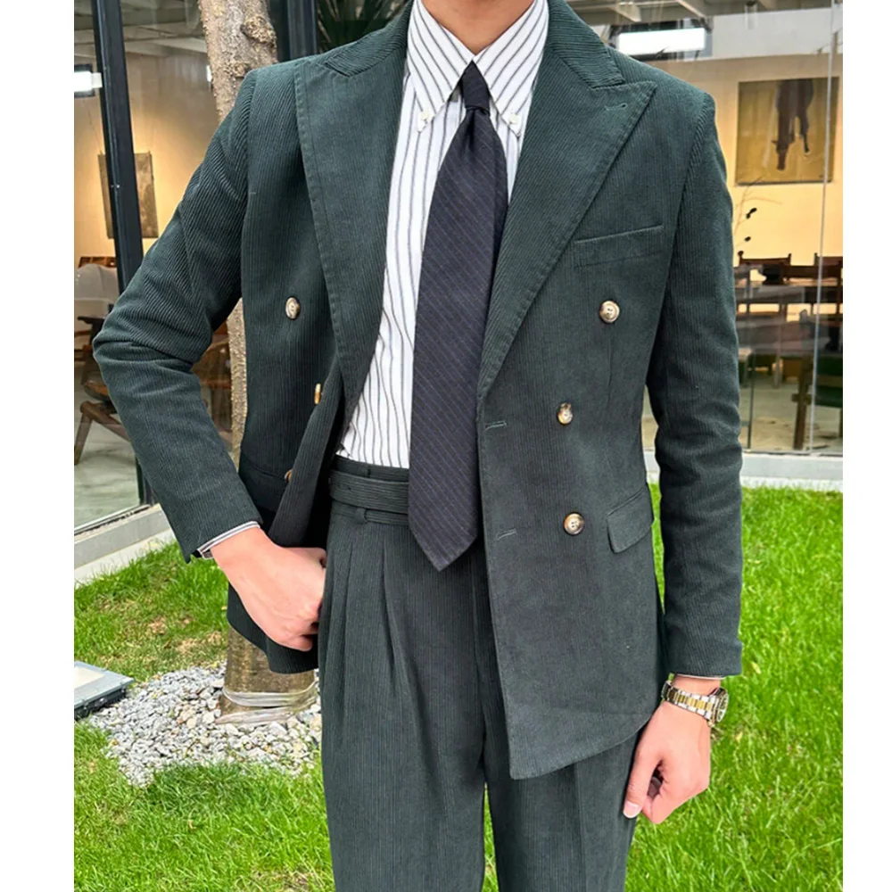 

Fashionable Men Suit Set Corduroy Double-breasted Slim Fit Comfort Business Wear Two Piece Outfit Groom Wedding Attire