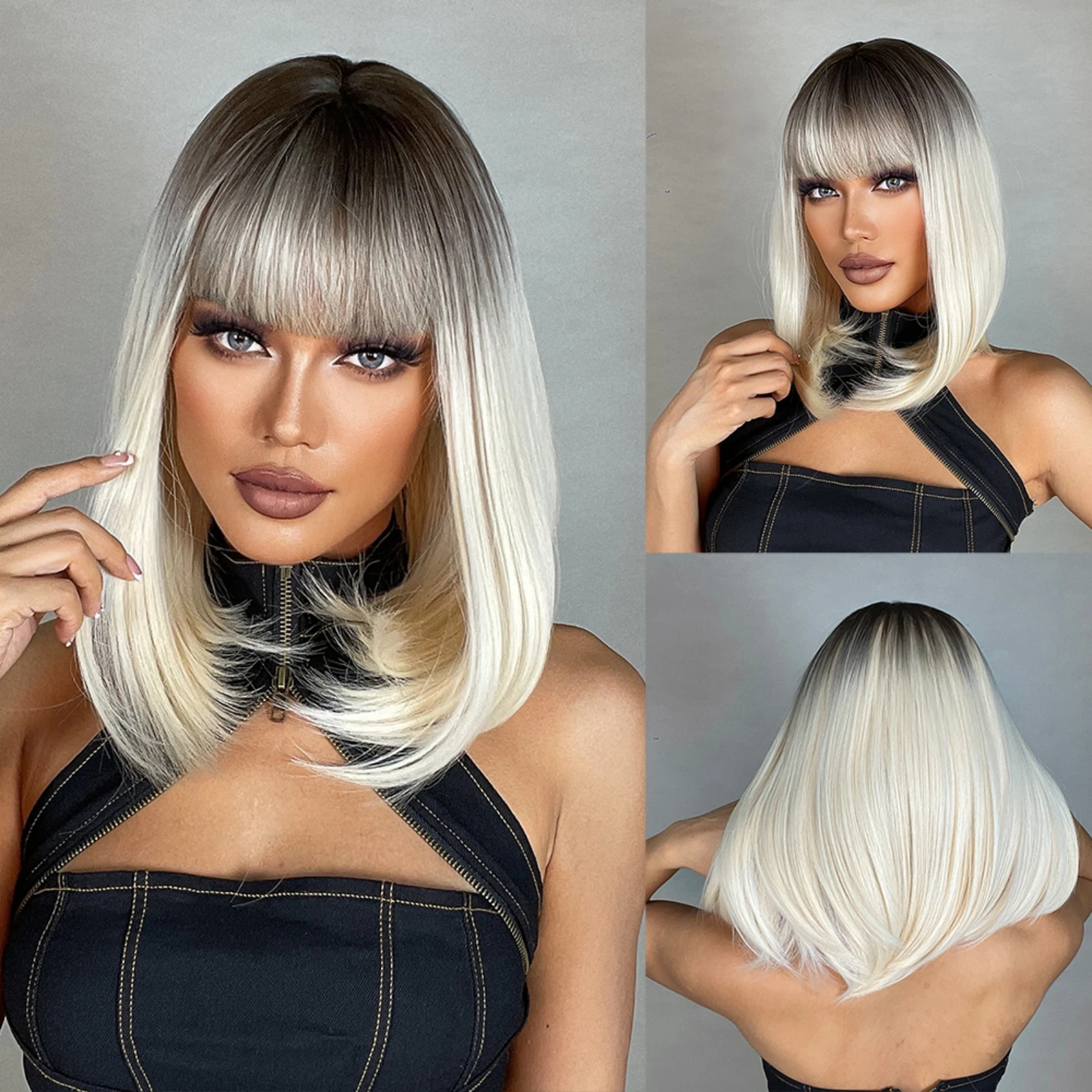 Brown to Platinum Ombre Short Bob Synthetic Hair Wigs with Bangs for Women Straight Cosplay Wig High Temperature Fiber