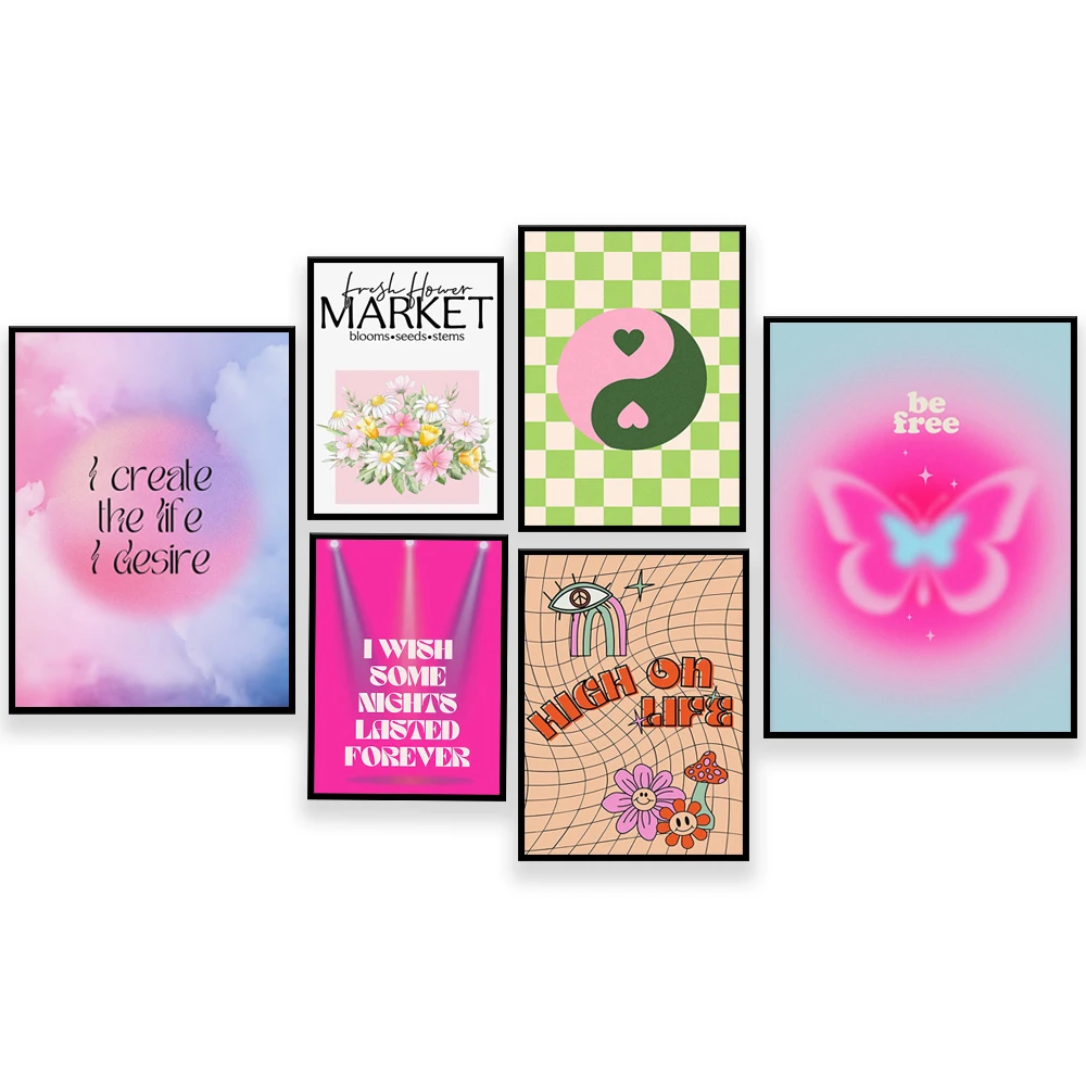 Danish pastel geometric print, positive quote, yin and yang, floral checkerboard, Y2K retro hippie poster, aesthetic room decor
