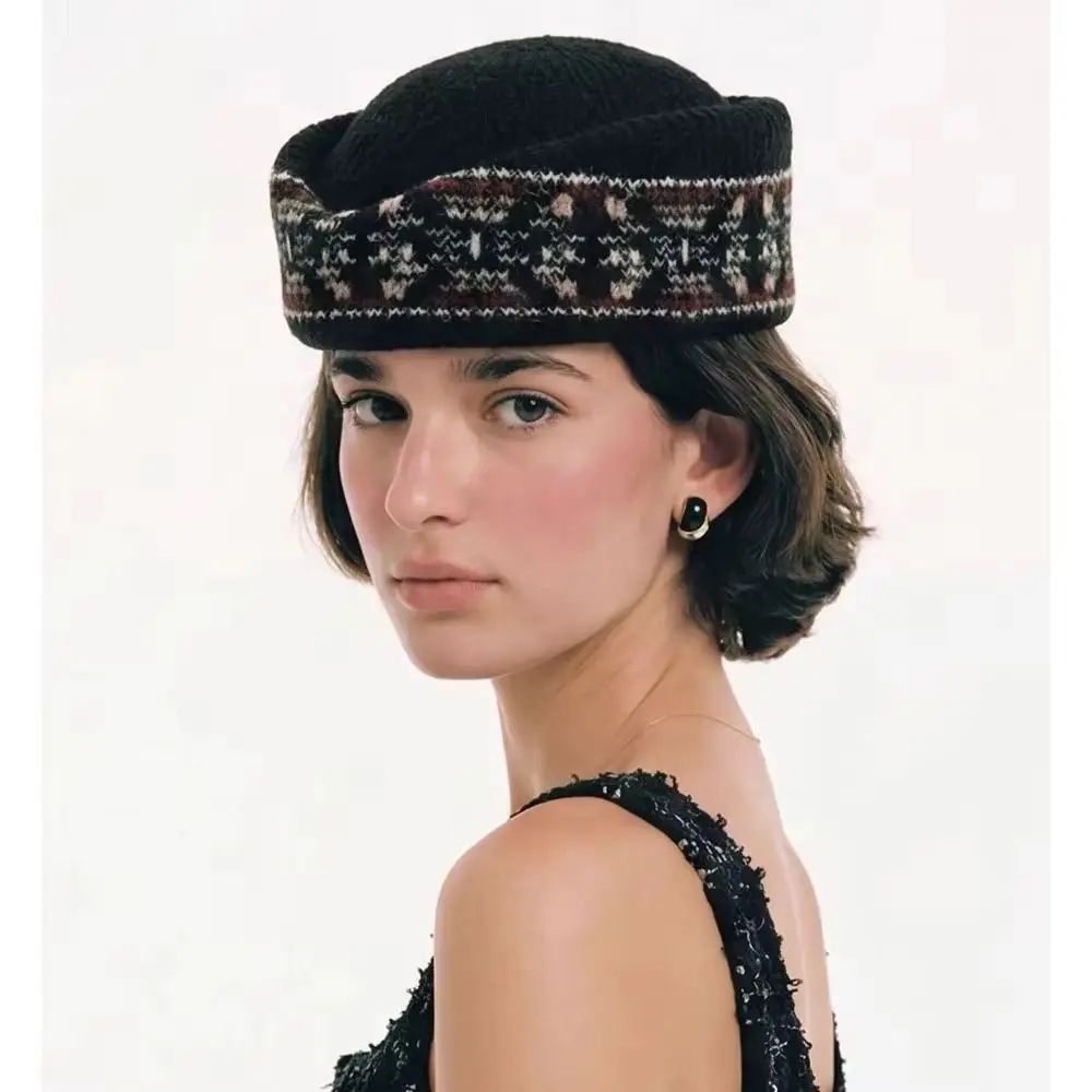 French Style Fair Isle Pattern Pillbox Hat Jacquard Elegant Knitted Beret Hat Dome Fedoras Flat Cap Cocktail Event 4