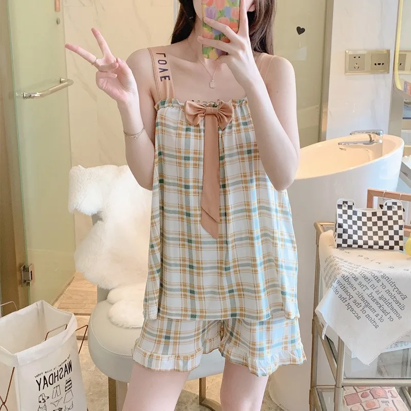 Phụ Nữ Sexy Sling Lụa Nơ Pyjamas Bộ Áo Ngọt Grils Dễ Thương Pijamas Giải Trí Bộ Áo Quần Mềm Mại Đồ Ngủ