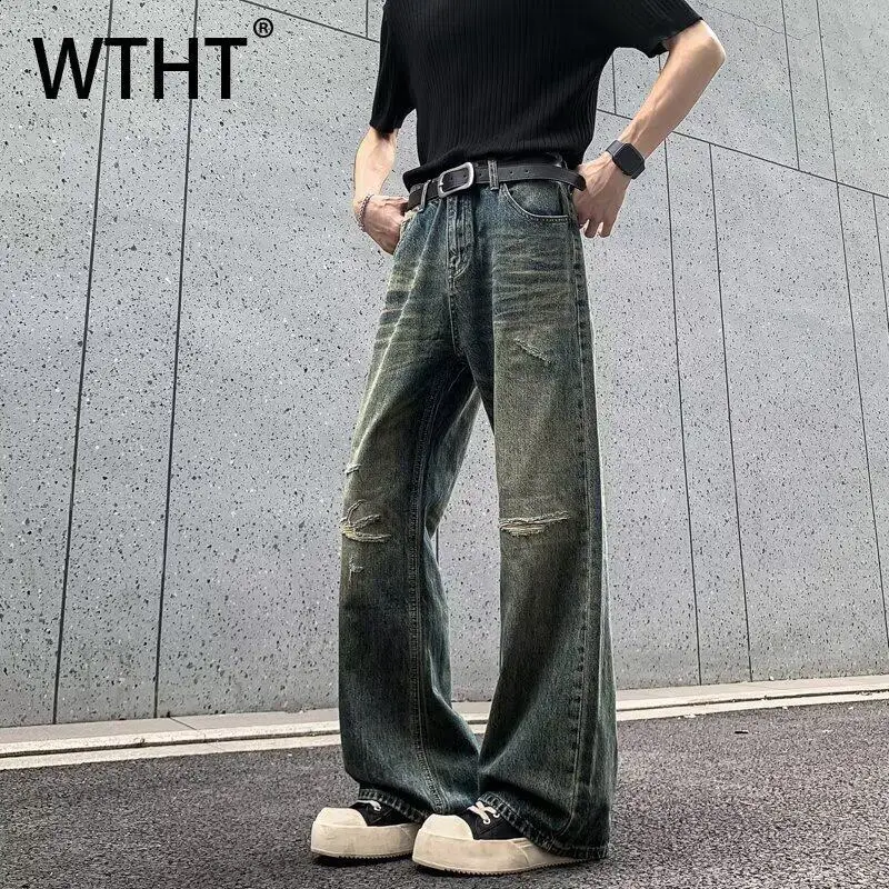 

WTHT Fashion Men's Gradient Hole Do Old Design Denim Pants Trendy High-waisted Loose Straight Jeans Male 2025 Summer 2A0635