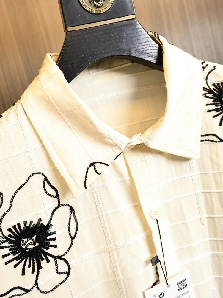 Men's Summer Short Sleeve Shirt Embroidered Floral Motif Stand Collar Slim Fit Versatile OS Shape Breathable Soft Glowing Ski...