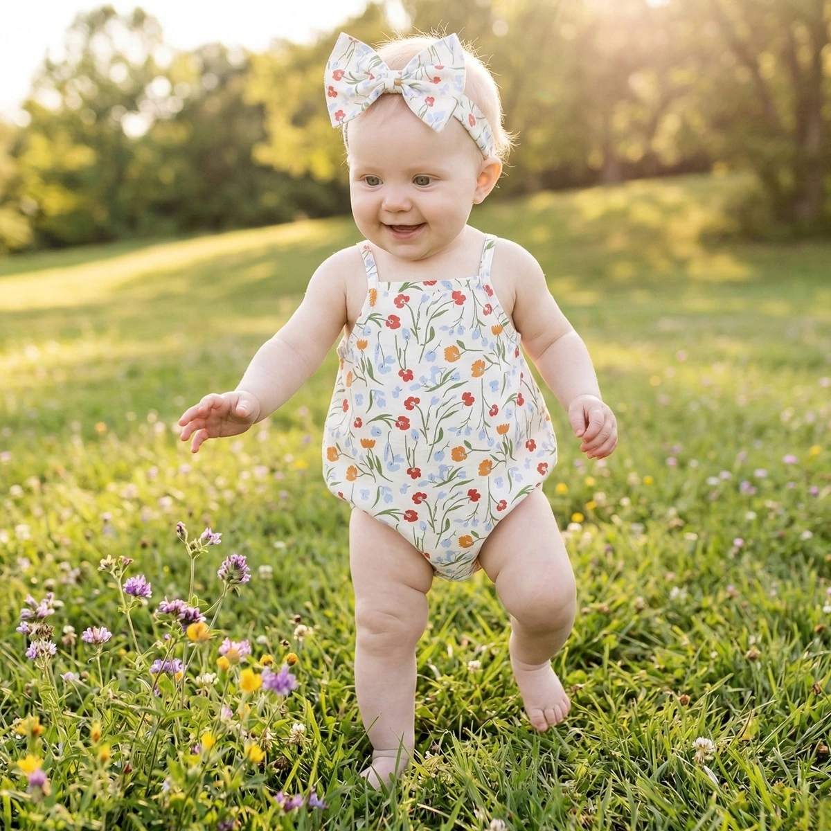 Fashion Sweet Baby Girls Bodysuits Floral Printing Cute Infants Clothings Onesies with Headband
