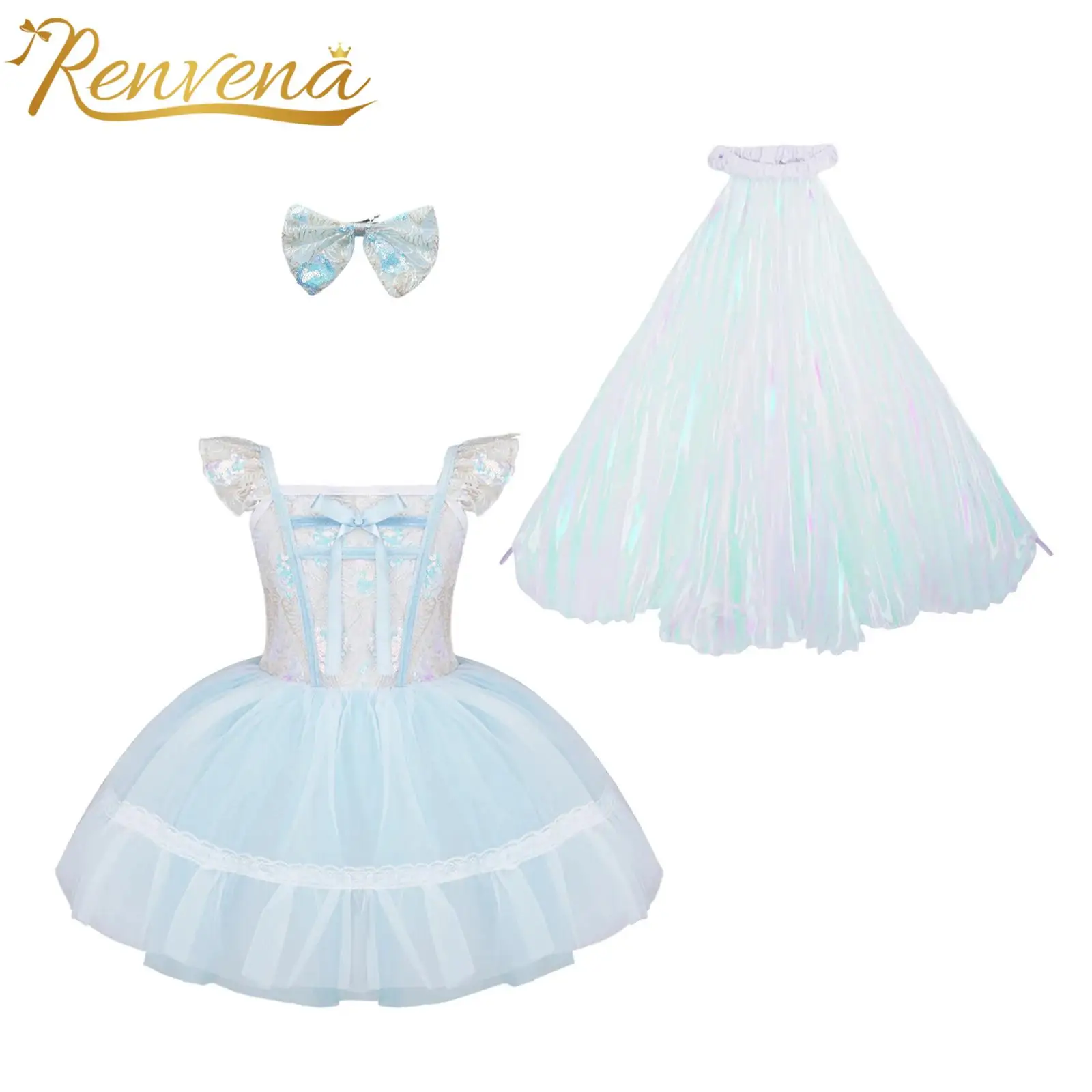 Girls Party Princess Dresses Sequin Layered Tulle Tutu Dance Performance Outfit Kids Wedding Costume Dress with Shimmery Cloak