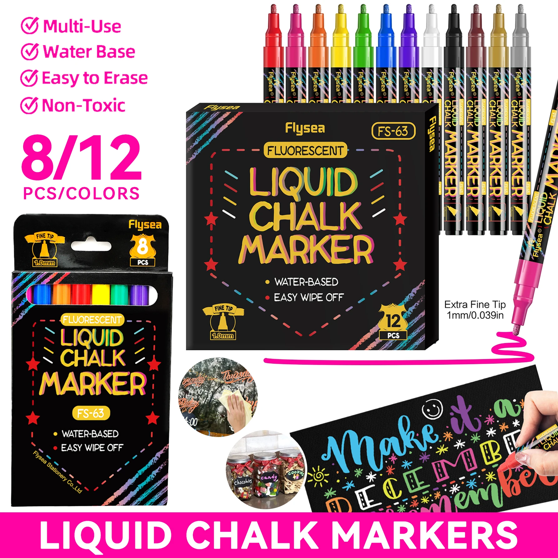12/8 Color Liquid Chalk Markers, Erasable and Window Markers, Suitable for All Non-Porous Surfaces, Perfect for Restaurant Menu Boards, Coffee Boards, Blackboards, Whiteboards, Chalkboards, Led Writing Boards, Window Signs, Car Windows, Children's Art, School Assignments, Food Containers, Glass, Ceramic Cups, Etc., School Supplies, Essential for Back-To-School Season