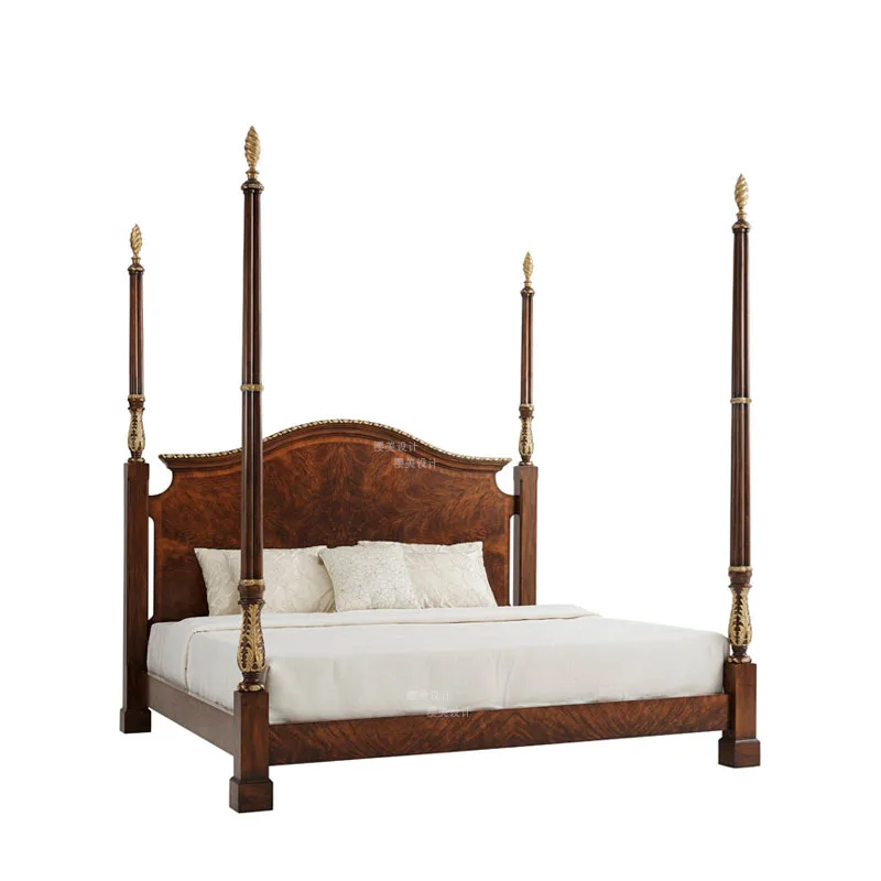 Solid wood carving flower painted gold double bed, Alexandria court Roman column model room bedroom furniture