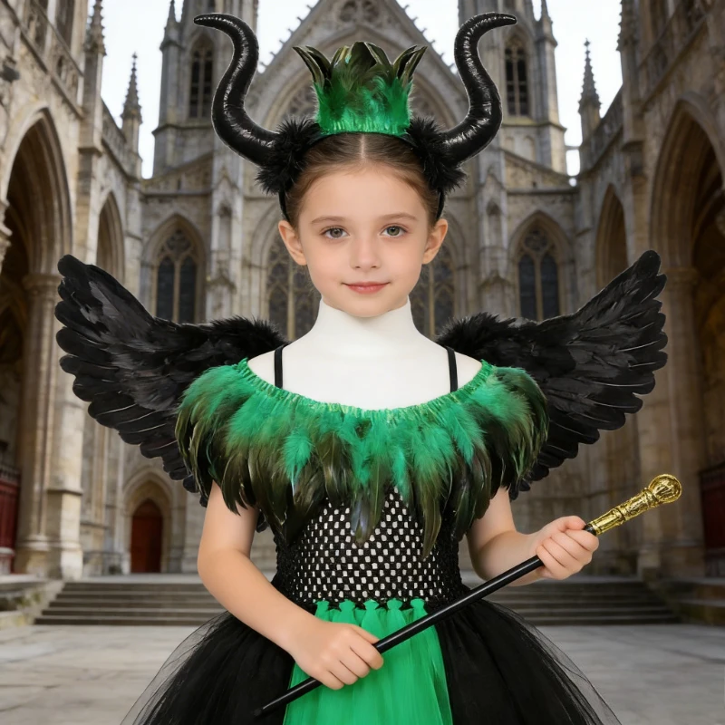Girls Gothic Feather Cloak Witch Long Dress, Kids Halloween Carnival Fancy Outfit, Devil Angel Stage Performance Clothes