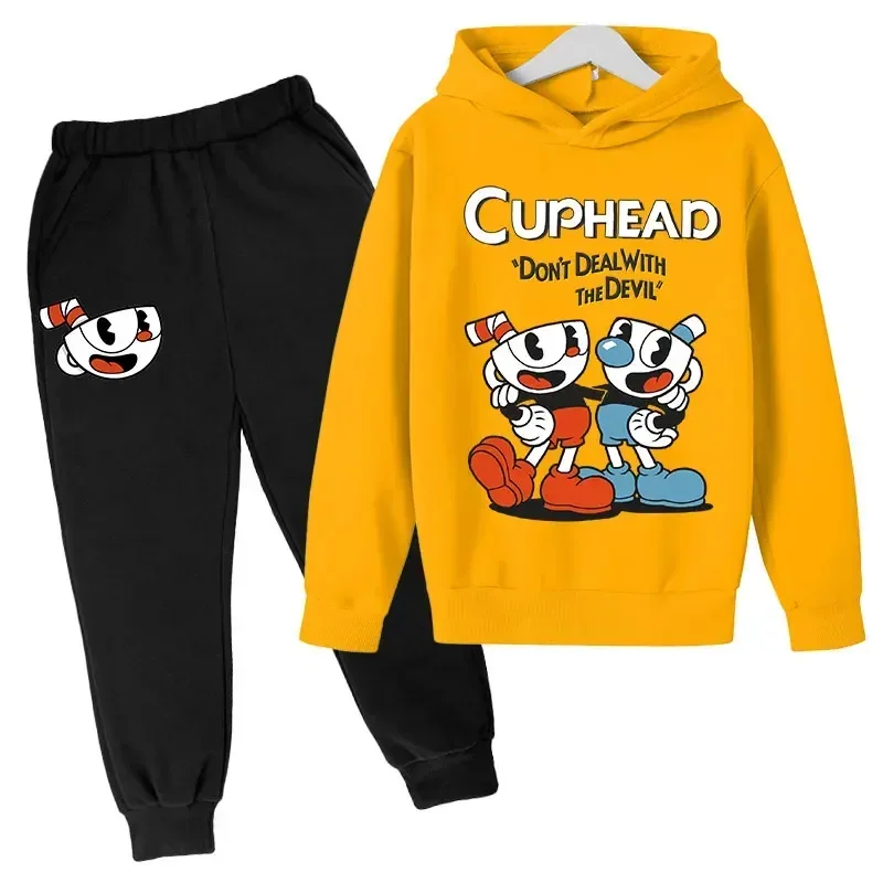 Spring Autumn Children's Cuphead Sweatshirt and Pants Suit Hoodies Pullover Pants Boys Girls Kids 4-14 Years 2 Pieces Clothes