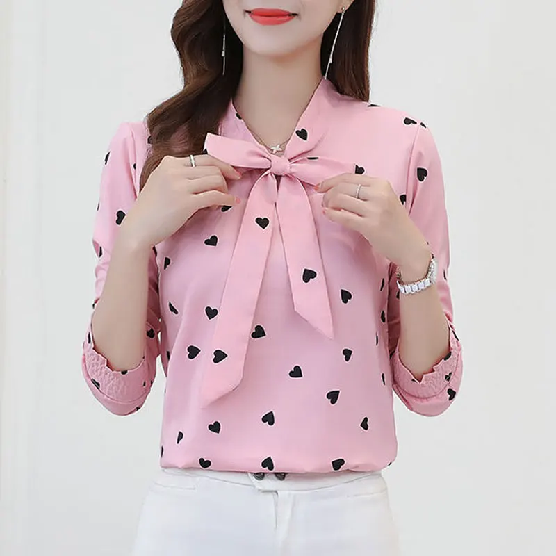 Women's Clothing Commute Elegant Scarf Collar Bow Shirt Fashion Heart-shaped Printed Spring Autumn All-match Loose Blouse 2023