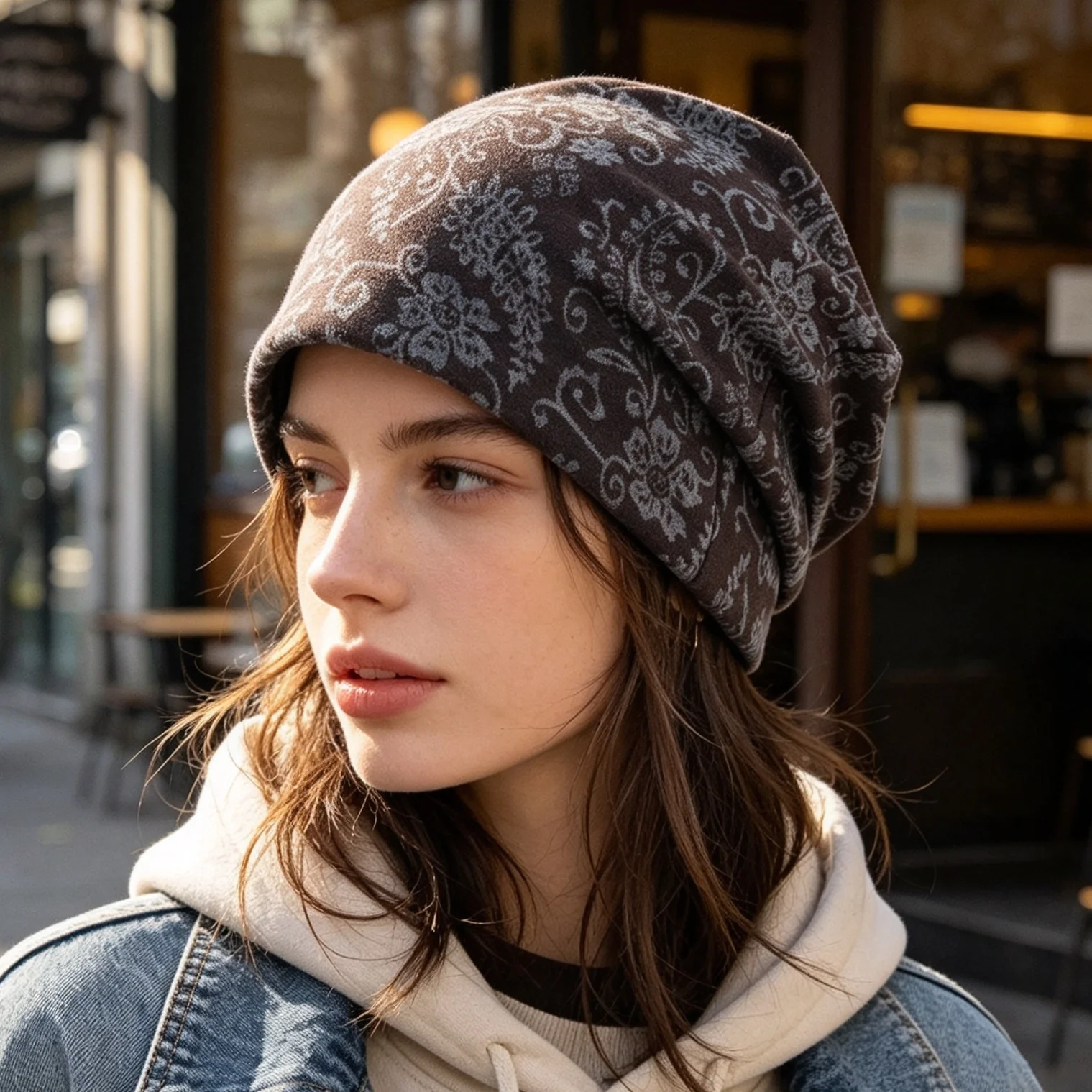 Vintage Paisley Jacquard Slouchy Beanie for Women Unisex Soft Fleece Knit Hat Autumn Winter Warm Windproof Hat for Daily Wear