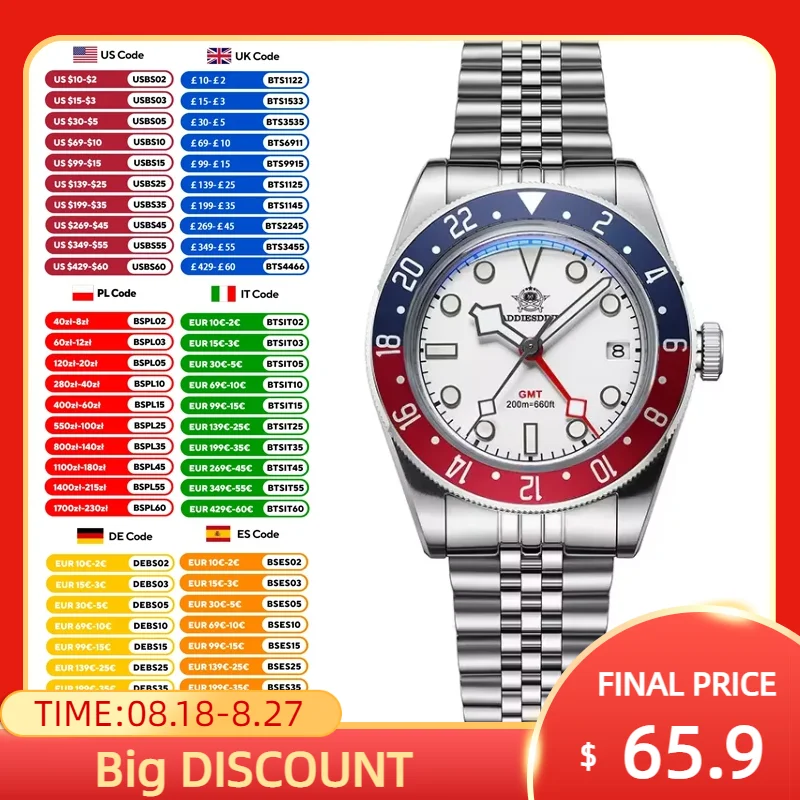 

ADDIESDIVE 39mm AD2044 GMT Man Watches Super Luminous 200m Dive Watch Bubble Mirror Glass relogios masculino Fashion WristWatch