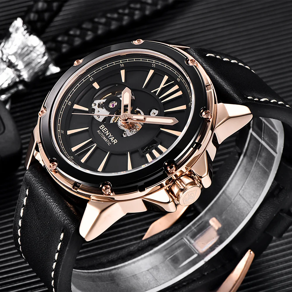 BENYAR Watch For Men Skeleton Automatic Mechanical Watch Skeleton Vintage Man Watch Leather Waterproof Top Brand Luxury Clock