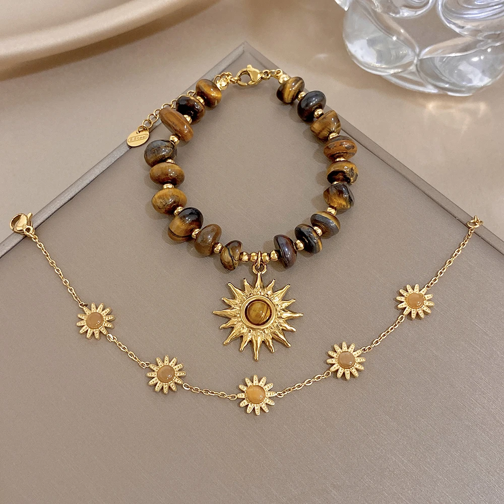 2 Styles Stainless Steel Chain Flower Sun Charm Bracelet for Women Retro Irregular Tiger Eye Stone Beaded Bangle Hand Jewelry