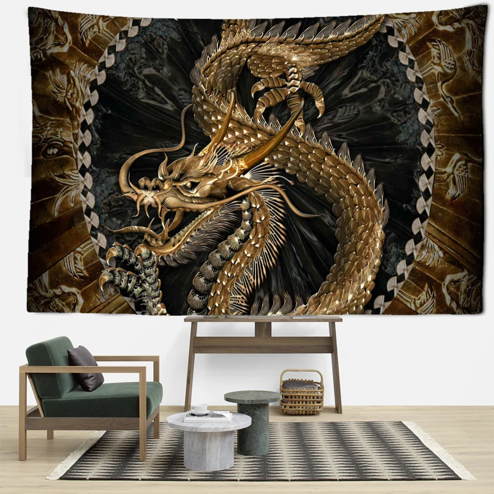 Dark Golden Dragon Pattern Tapestry Wall Hanging Abstract Mysterious Ancient Art Living Room Bedroom Home Decor