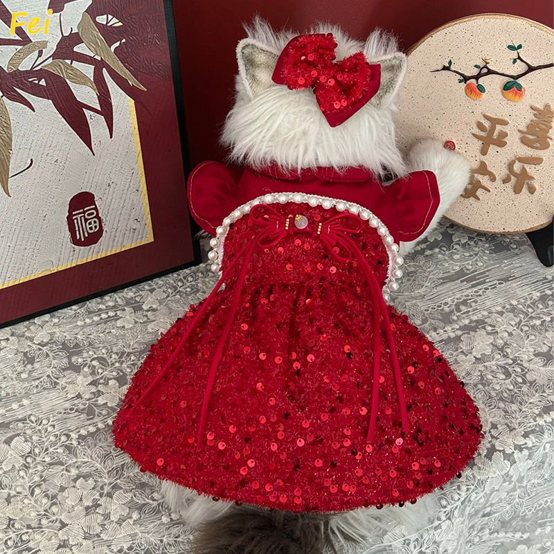 

Festive Red Sequin Pet Dress, Christmas & New Year Chinese - Style Costume for Dog & Cat, Sparkly Party Apparel for Pets dogs