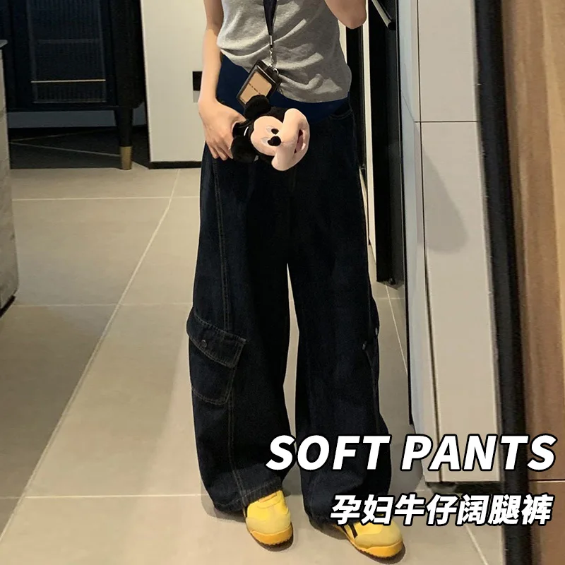 Dark Blue Washed Maternity Wide-Leg Cargo Pants Fall/Winter Loose Slimming Multi-Pocket Casual Denim Pants for Pregnancy Women