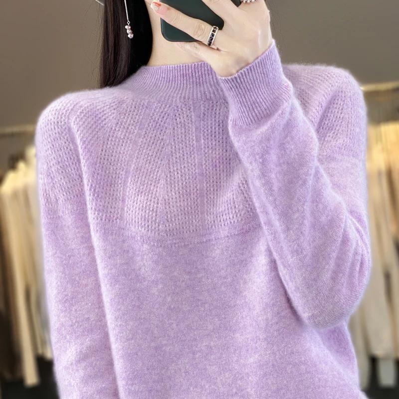 

100% Pure Merino Wool Sweater Women's Winter O-Neck Pullover Hollow out Long Sleeve Korean Fashion Knit Pullover Top