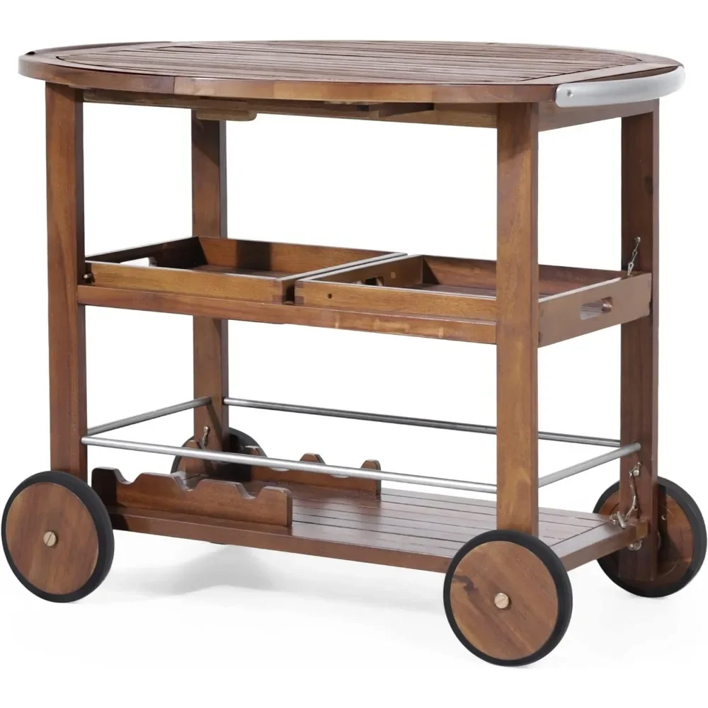 Tillary Tiller Outdoor Acacia Wood Bar Cart Aluminum Accents, Dark Oak/Shiny Powder Coating