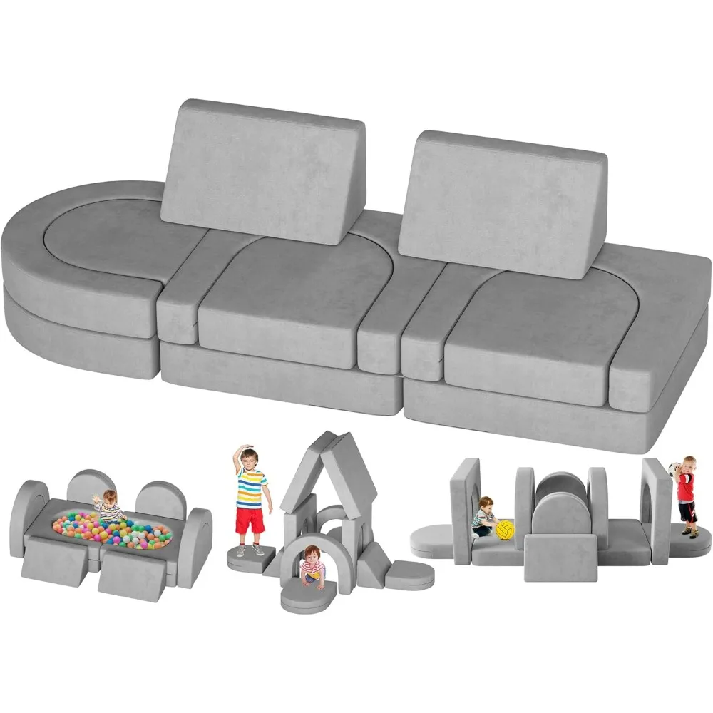 

Kids Couch, 12PCS Modular Toddler Couch with 2 Triangular Cushions and 4 Arches, Fold Out Couch for Playroom, Modular Couch