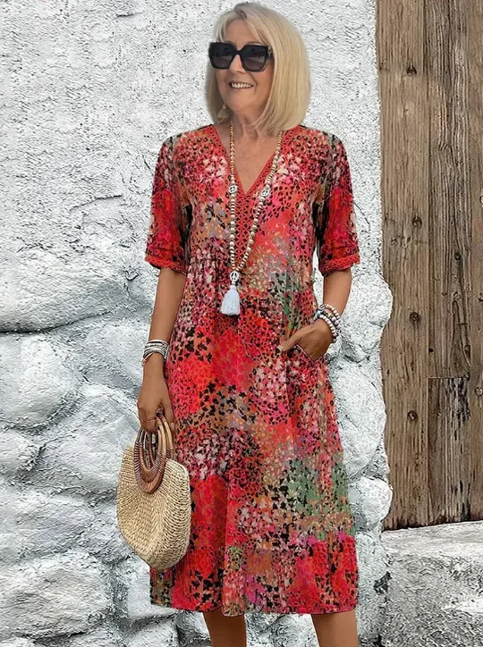 Vintage midi vestidos para mulher 2025 estilo boho floral impressão solta vestido longo casual manga curta com decote em v vestido robe femme