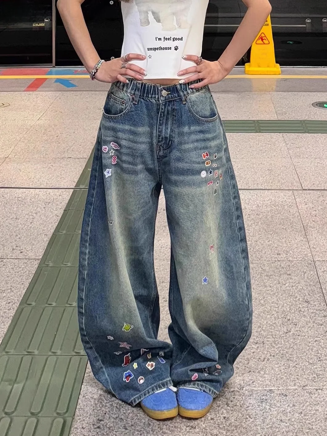 

Retro American Cartoon Stier Print Wide Leg Jeans Men's Loose Casual Jeans Women's Faionable Straight Tube Pants