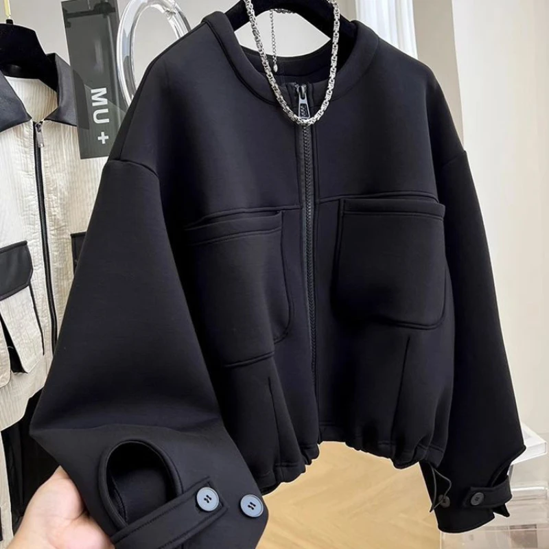Oversized Coats Winter Clothes Women O-neck Pockets Casual Chic Outwear Y2k Tops Drawstring Zipper Crop Jackets 2024 Ropa Mujer