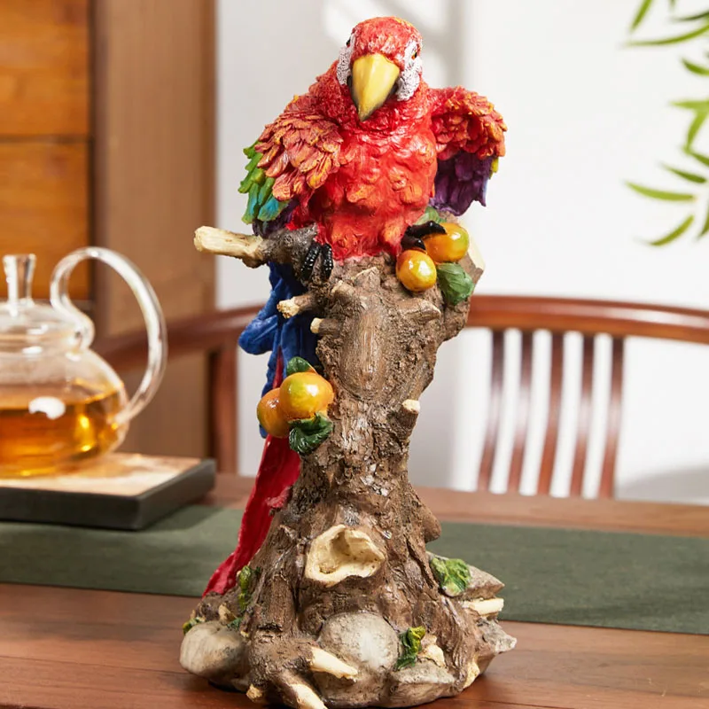 Creativity Simulated Red Parrot Animal Model Resin Handicraft Desktop Ornament Living Room Balcony Cafe Garden Home Decoration