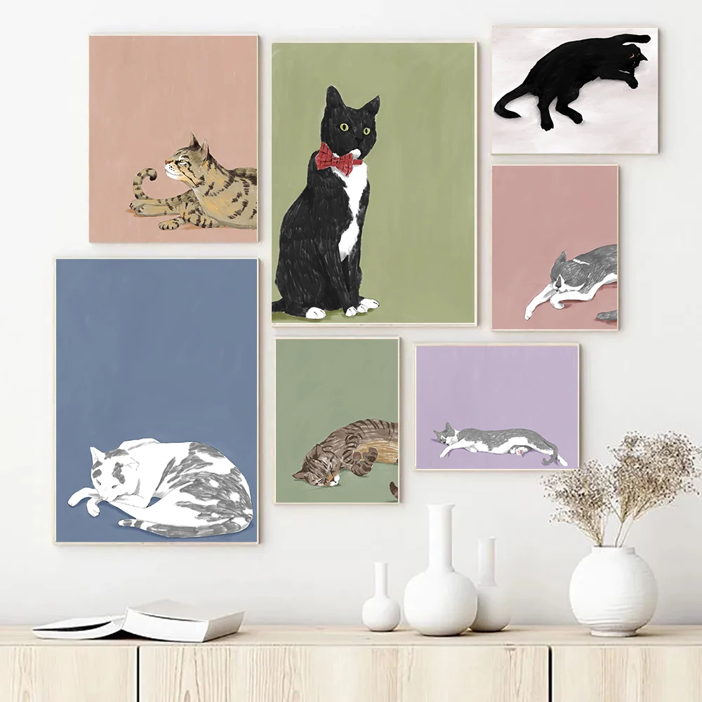 1pc frameless Canvas Painting Lazy Cute Cats Posters Black Tuxedo Cat Nursery Prints Striped Brown Tabby Cat Canvas Painting Wal